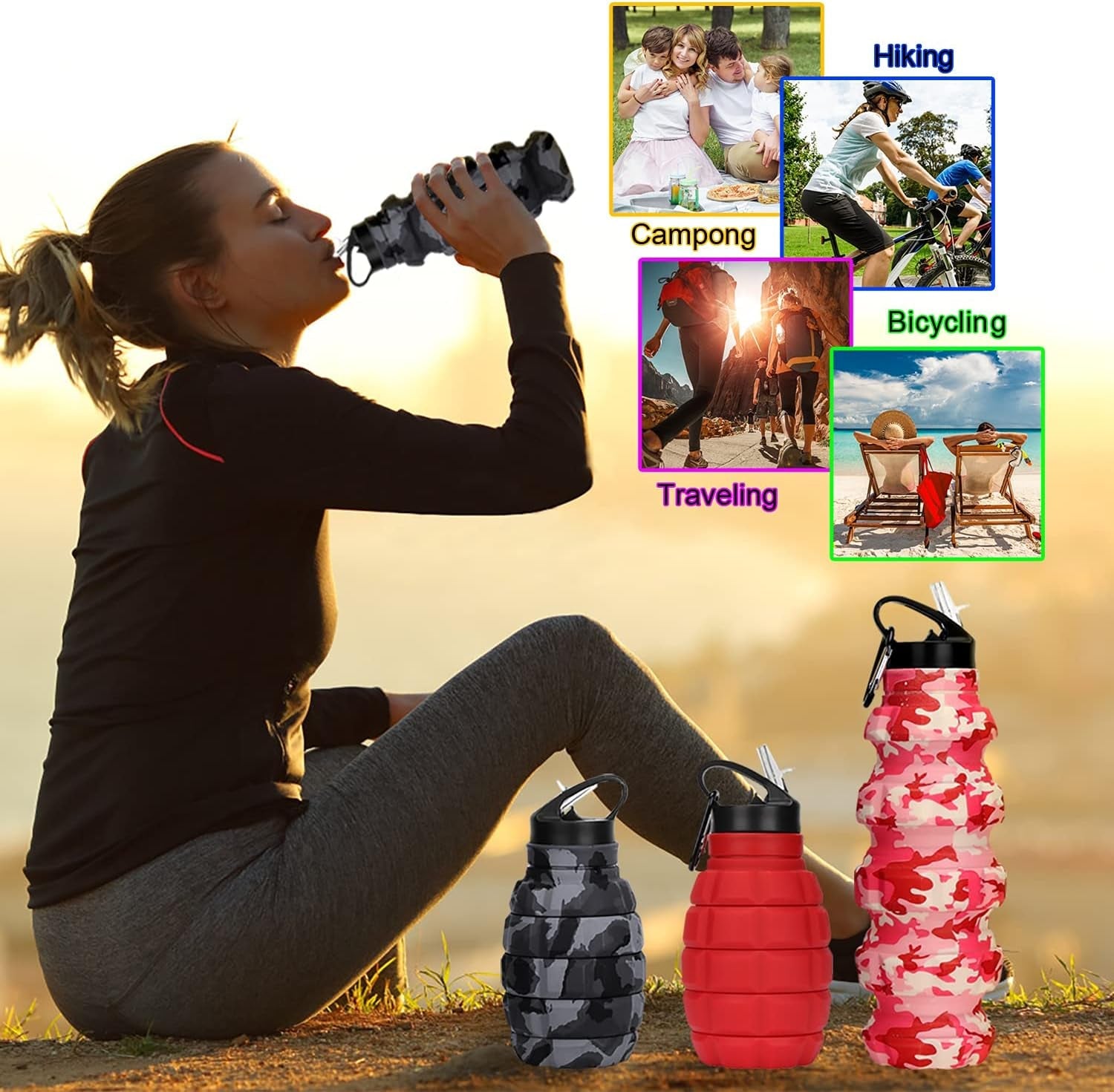 Collapsible Travel Water Bottle18Oz, Reuseable Silicone Foldable Water Bottles for Gym Camping Hiking, Portable Leak Proof Sports Water Bottle with Carabiner (Dark Gray Camouflage Cup) Sports & Outdoor Recreation Accessories Sports & Outdoors Sports Water Bottles