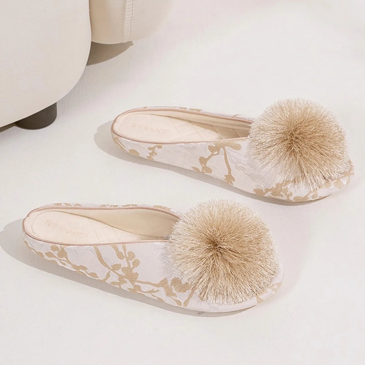 Fluffy Floral Jacquard Cotton Sateen House Slippers