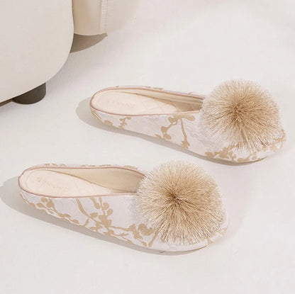 Fluffy Floral Jacquard Cotton Sateen House Slippers