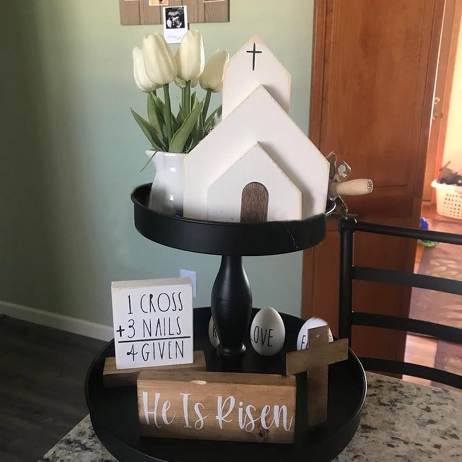 Easter Decorations, Easter Decor Farmhouse Rustic Tiered Tray Signs Rustic Easter Decoration for Home Table Kitchen (B) Home & Kitchen Home Décor Accents Home Décor Products Wall Pediments