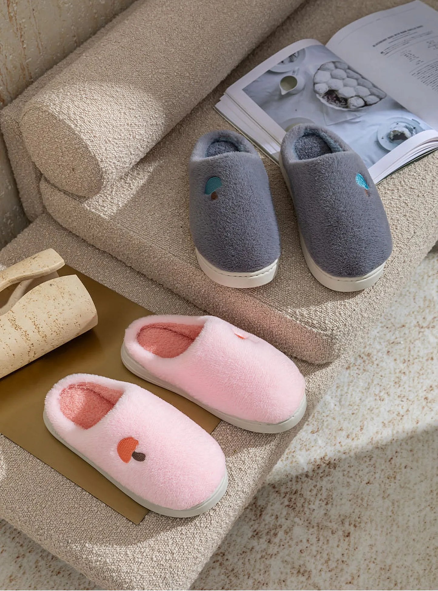 Plush Mushroom Embroidered Fleece House Slippers