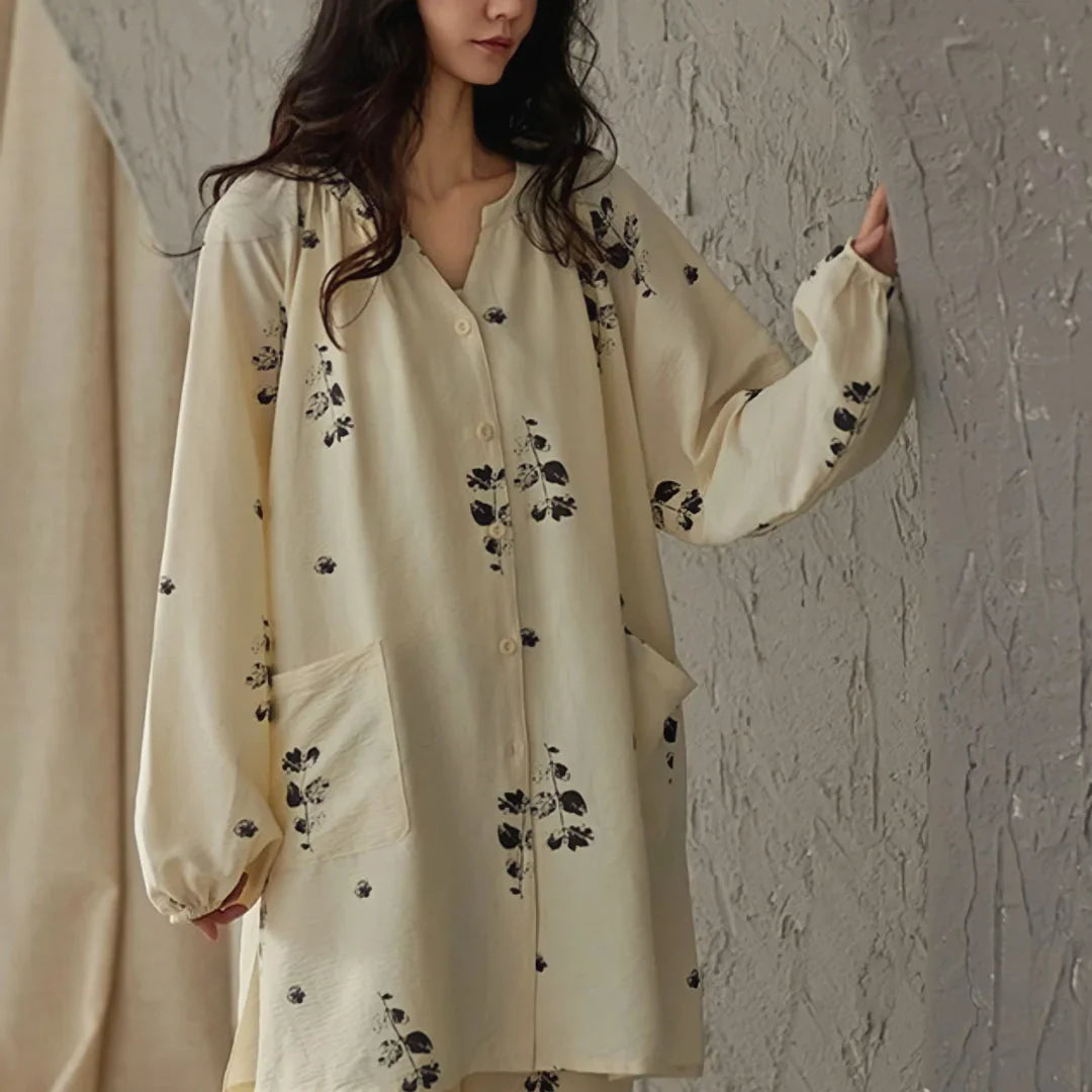 Lightweight Textured Botanical Print Cotton Pajama Set
