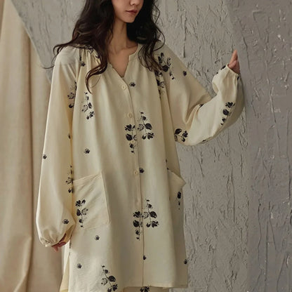 Lightweight Textured Botanical Print Cotton Pajama Set