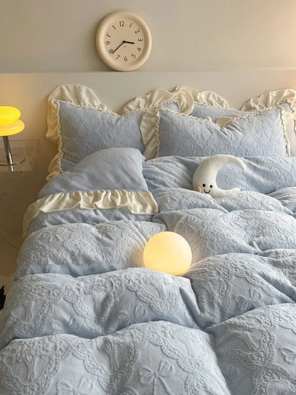 Plush Ruffled Embossed Bow Flannel Fleece Bedding Set