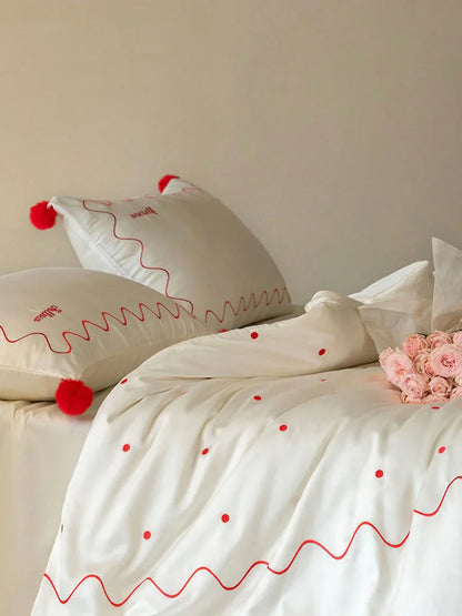 Silky Pom Pom Wavy Embroidered Tencel Bedding Set