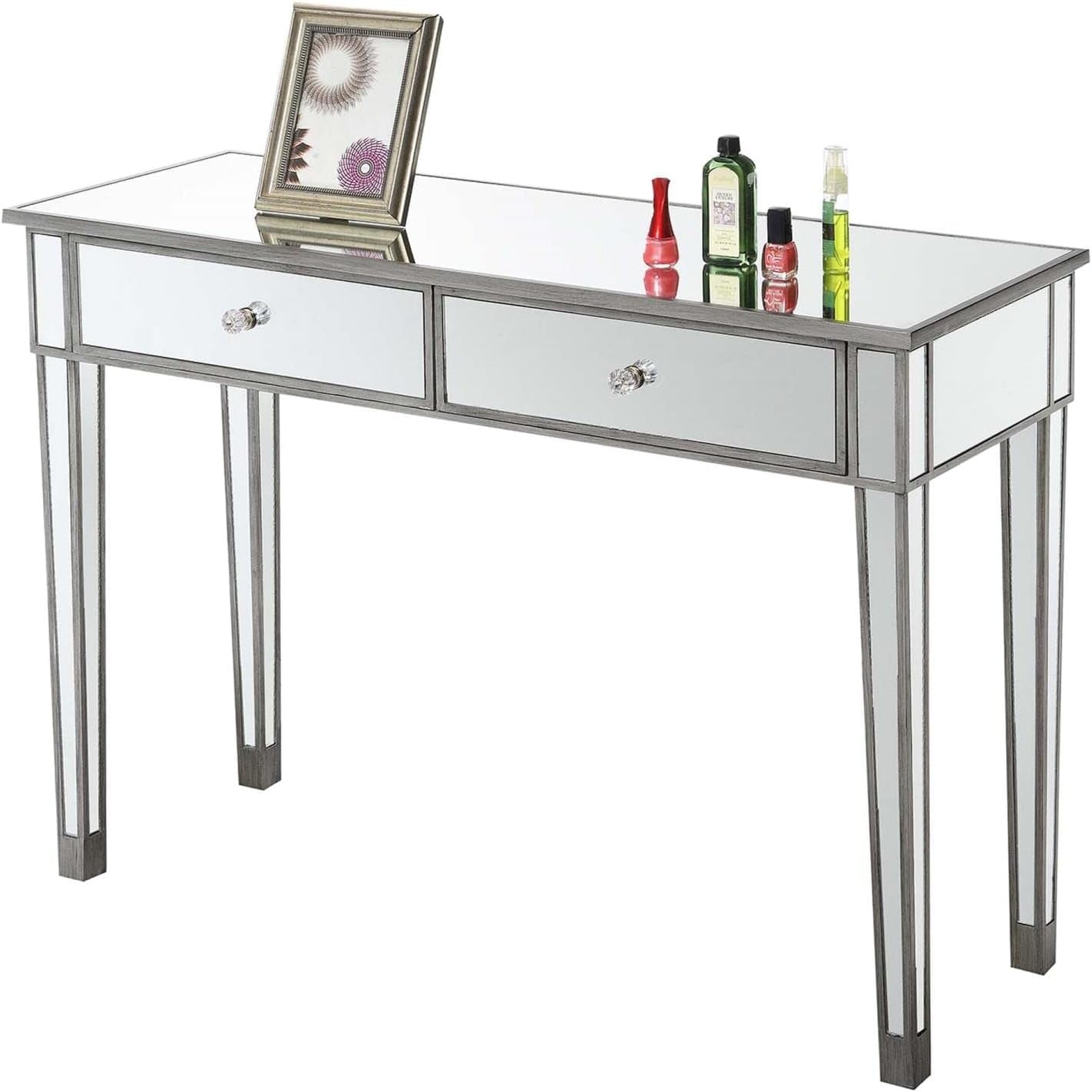 Convenience Concepts Gold Coast Mirrored Desk 42" - Console Table with 2 Drawers for Storage in Living Room, Office, Antique Silver/Mirror Furniture Home & Kitchen Home Office Desks Home Office Furniture