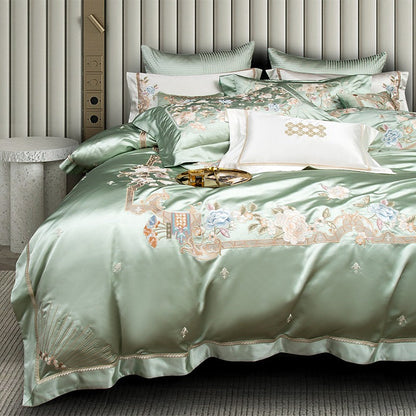 Esana Green Embroidered Egyptian Cotton Satin Bedding Set