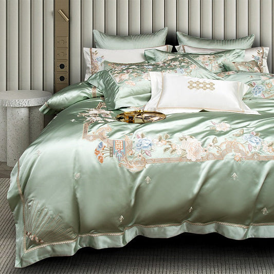 Esana Green Embroidered Egyptian Cotton Satin Bedding Set