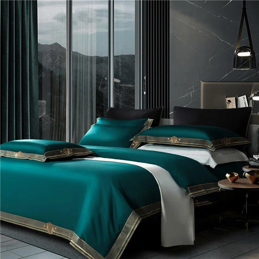 Anahi Green Embroidered Motif Border Egyptian Cotton Bedding Set Anahi Border Color_Green Cotton Cover Duvet Egyptian Embroidered King size bedding Material_Egyptian Cotton Motif Queen size bedding Set Size_King Size_Queen Thread Count_600TC
