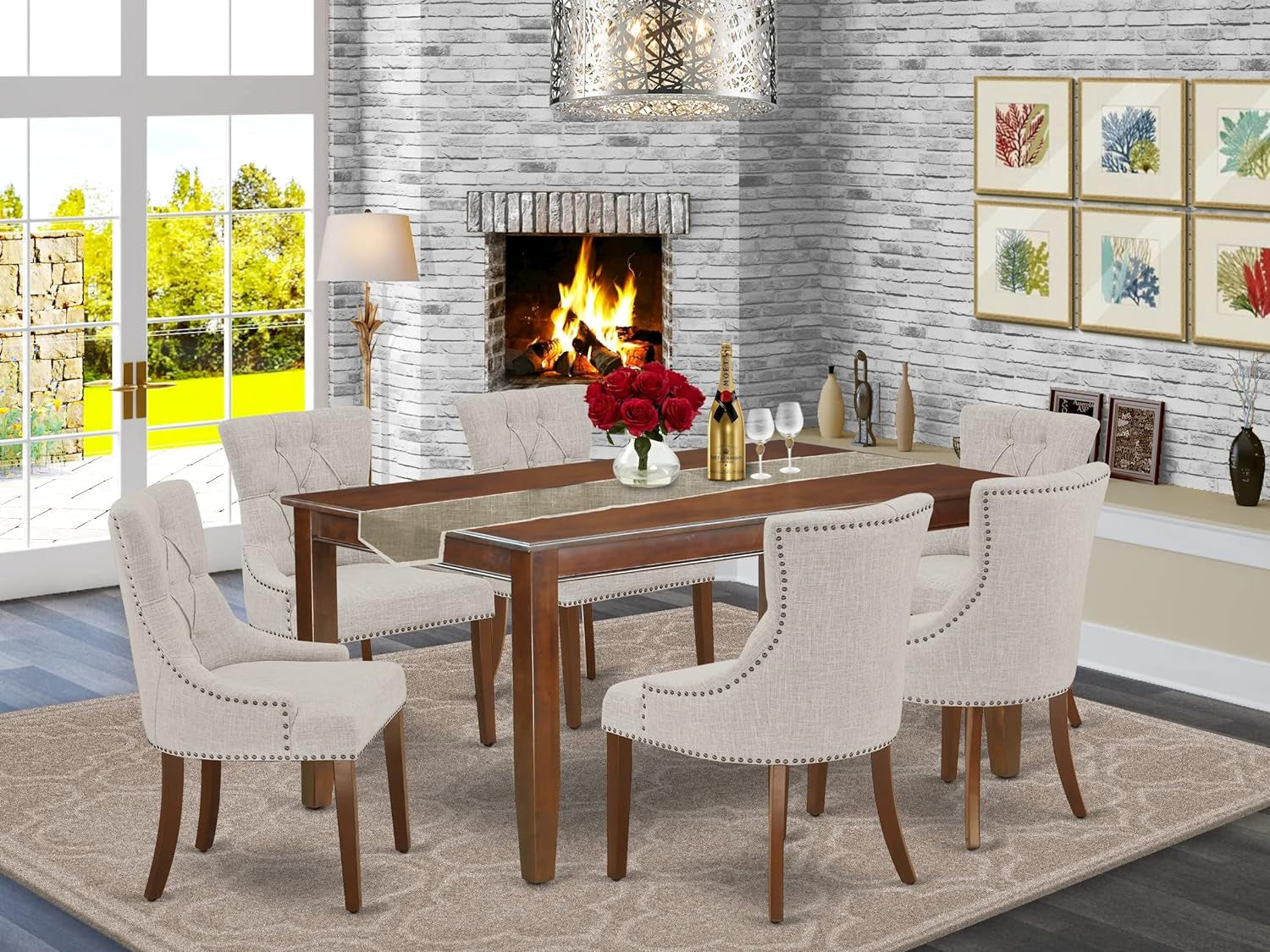 East West Furniture DUFR5-MAH-05 5-Pc Wooden Dining Table Set - Parson Dining Chairs with Doeskin Linen Fabric Seat and Button-Tufted Back - a Rectangular Dining Room Table (Mahogany Finish) Dining Room Furniture Furniture Home & Kitchen Table & Chair Sets