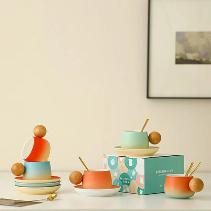 Matte Gradient Ceramic Mug Set with Wooden Handle