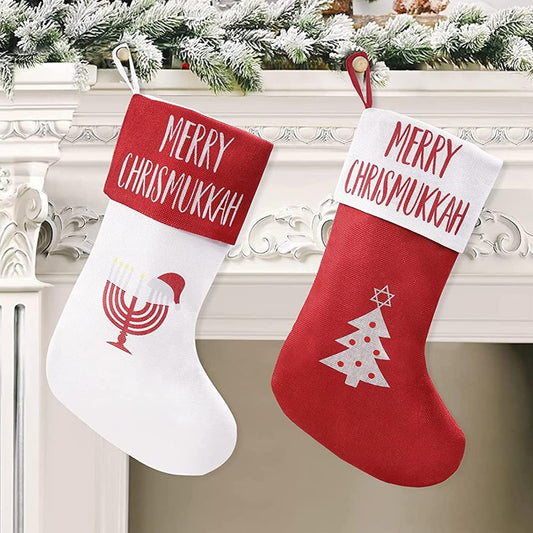 Merry Chrismukkah Stocking Hanukkah Christmas Stockings, 10'' X 15'' Burlap Gift Storage Sock Chanukah Xmas Party Decorations Classic Elements Design Including Menorah, Santa Hat, Christmas Tree Holders Home & Kitchen Seasonal Décor Stockings & Holders