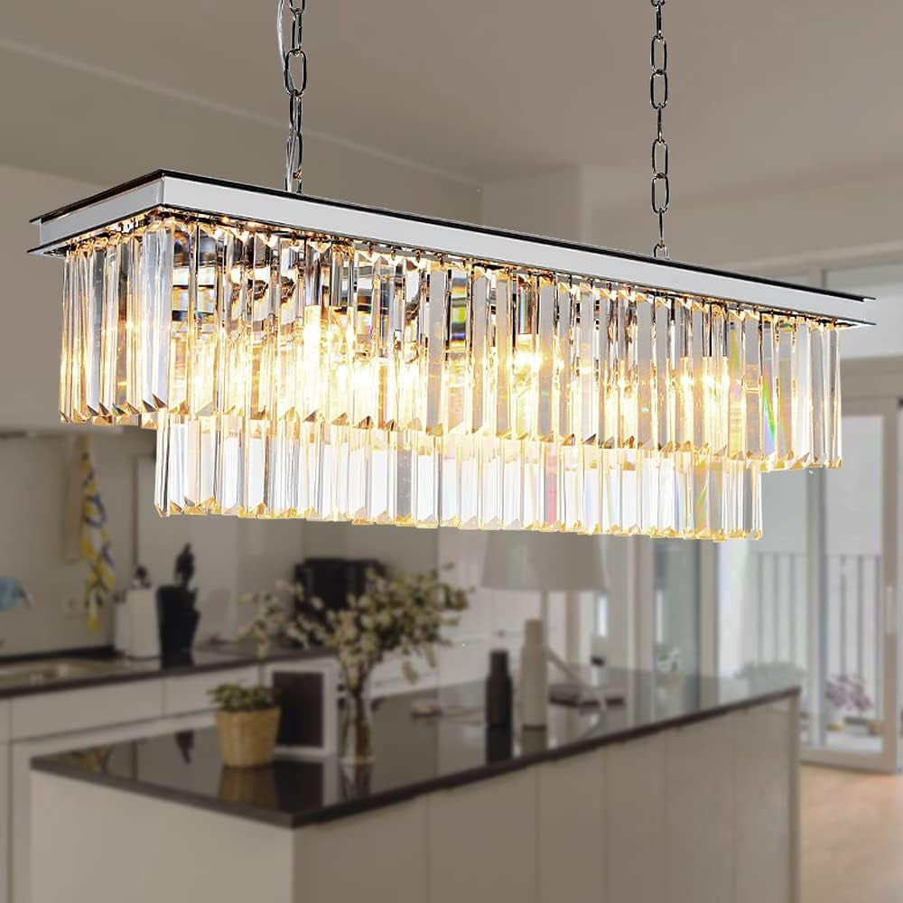 Modern K9 Crystal Chandelier Pendant Light Fixture, Rectangular Ceiling Lamp with 8-Lights for Dining Room & Kitchen, Finished in Chrome, L33.5 Inch Ceiling Lights Chandeliers Lighting & Ceiling Fans Tools & Home Improvement