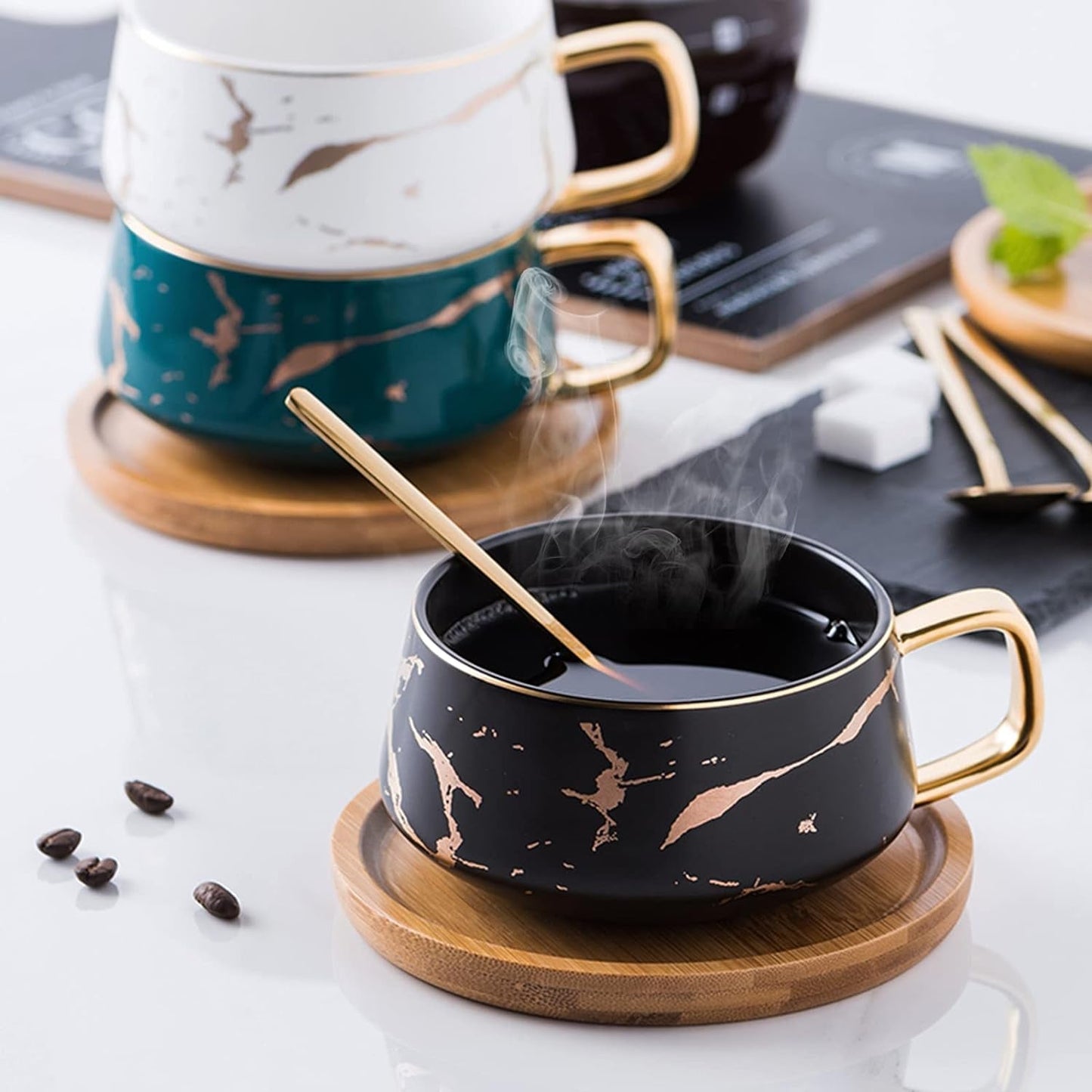 ENJOHOS 10 Oz Ceramic Tea Cup Coffee Cup Set with Wooden Saucer European Golden Hand Cup Saucer Set(Black) & Saucers Cup & Saucer Sets Cups Dining & Entertaining Glassware & Drinkware Home & Kitchen Kitchen & Dining Mugs