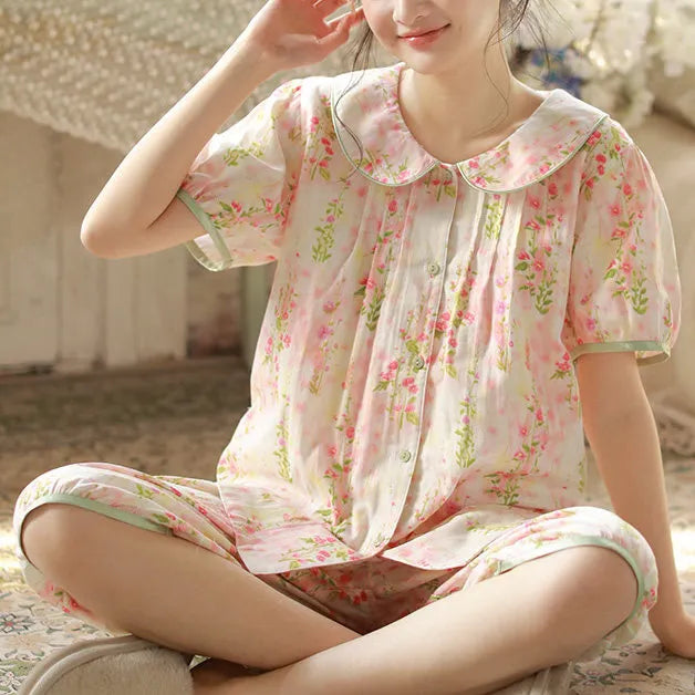 Soft Ruched Floral Washed Cotton Pajama Set
