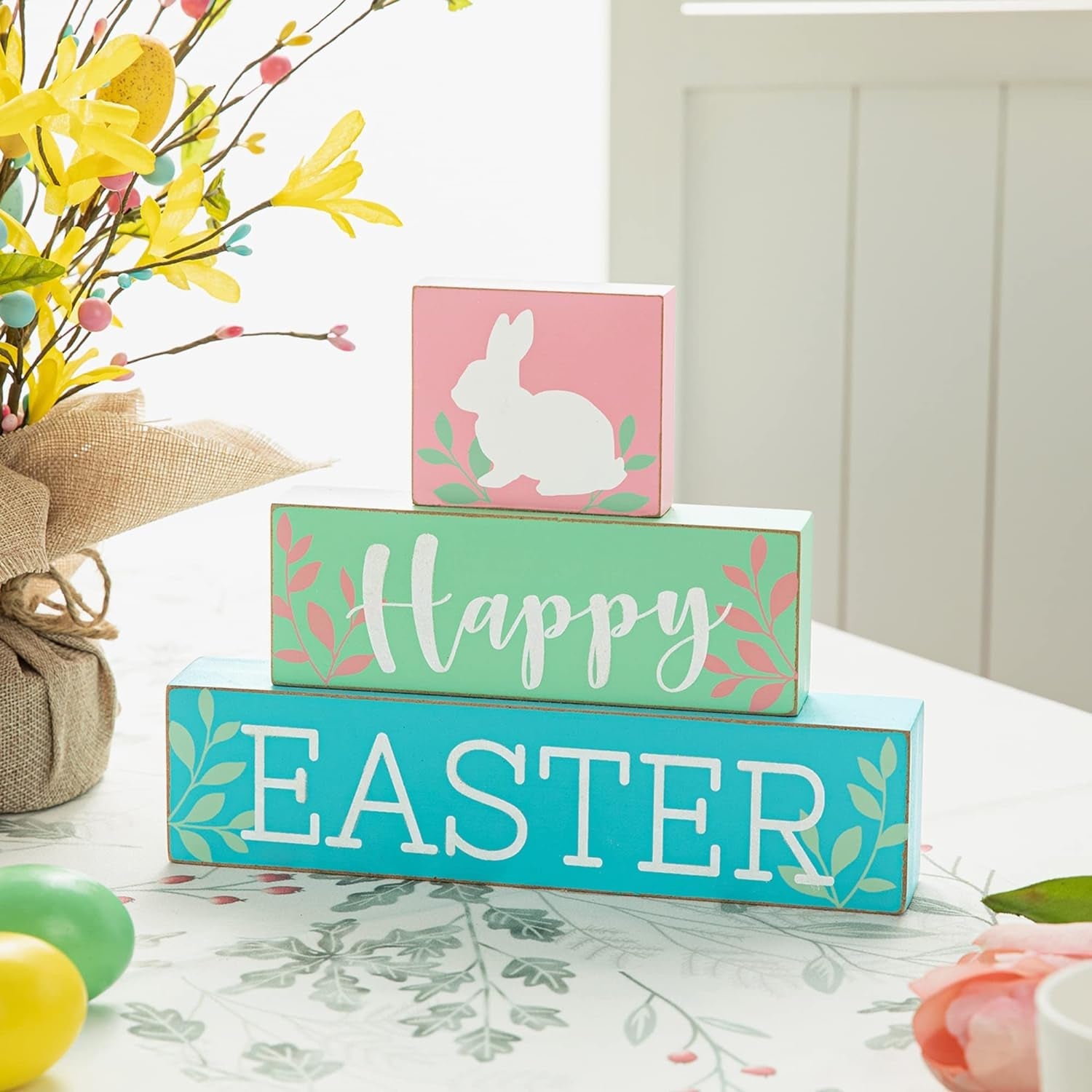 Glitzhome Wooden Block Table Sayings Happy Easter Bunny Holiday Decorations Signs, Multi-Color Decorative Accessories Decorative Signs & Plaques Home & Kitchen Home Décor Accents Home Décor Products