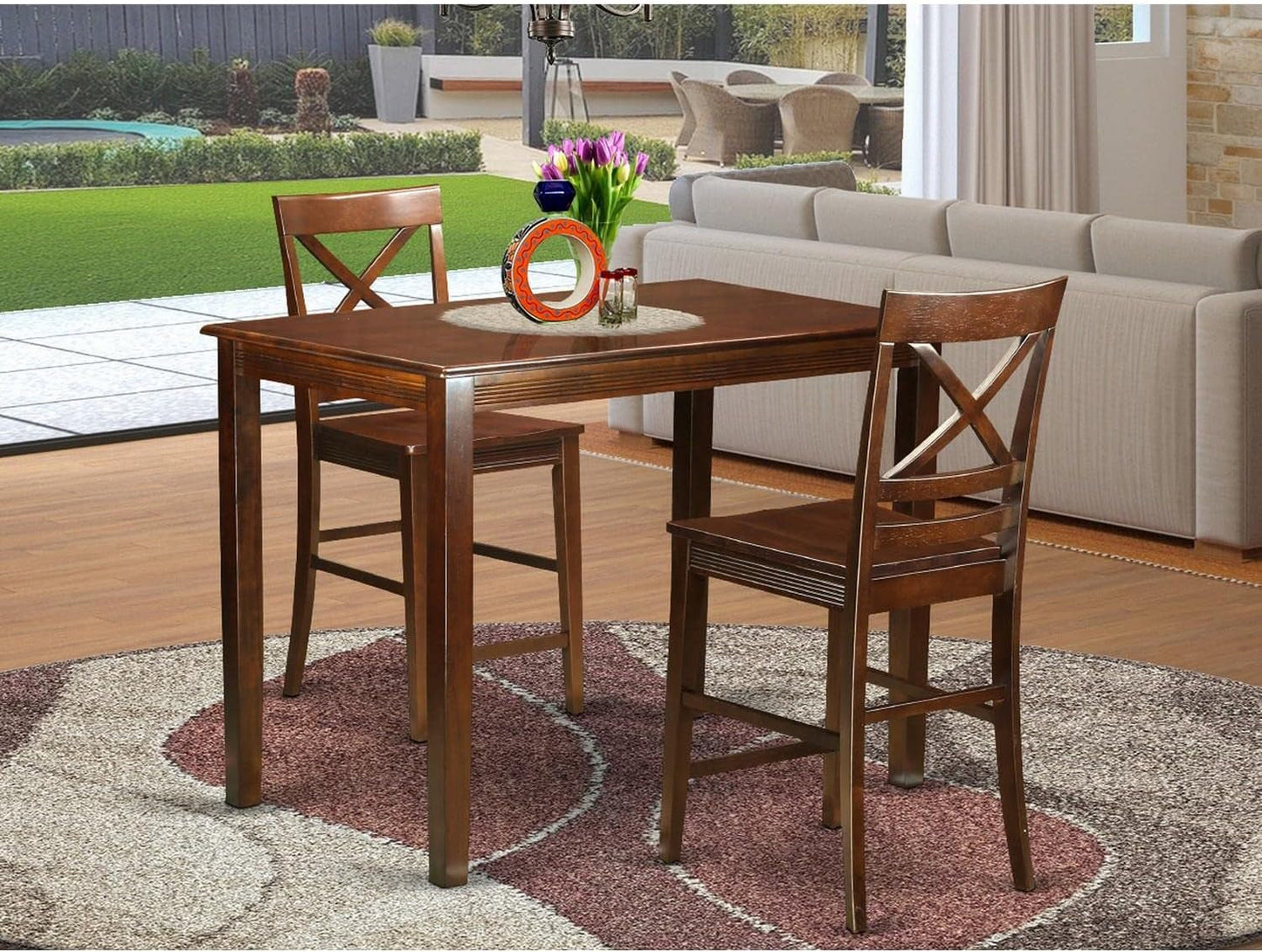 East West Furniture YAQU3-MAH-W 3 Piece Counter Height Dining Table Set Contains a Rectangle Kitchen Table and 2 Dining Room Chairs, 30X48 Inch, Mahogany Dining Room Furniture Furniture Home & Kitchen Table & Chair Sets