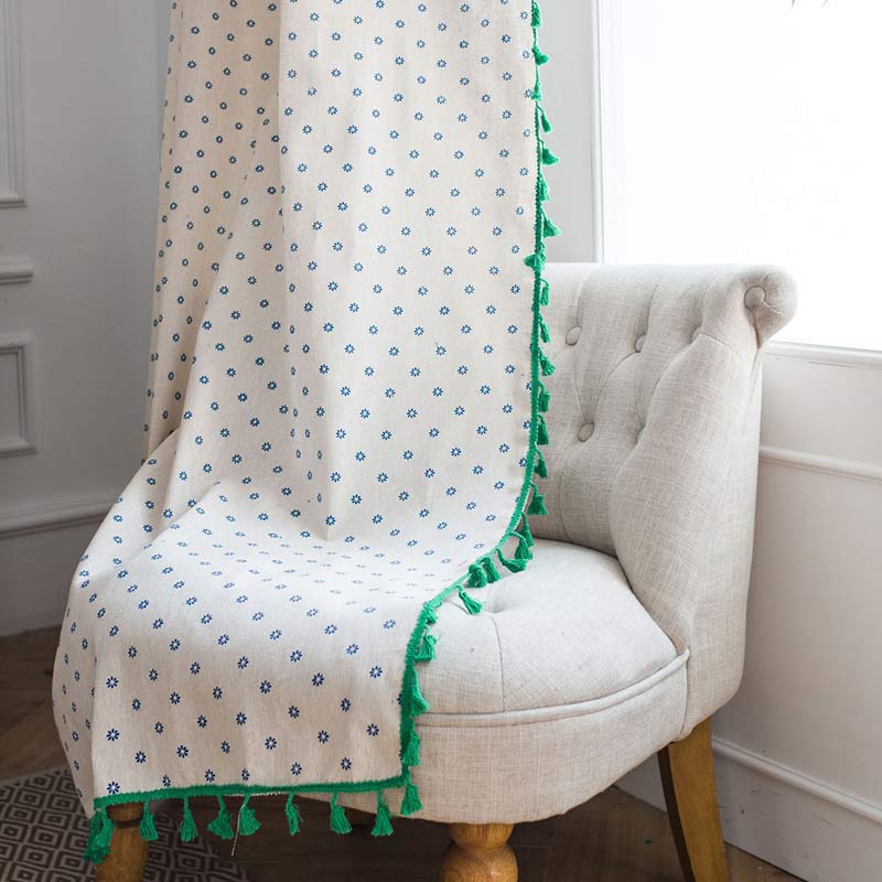 Blue Daisy Green Cotton Curtain