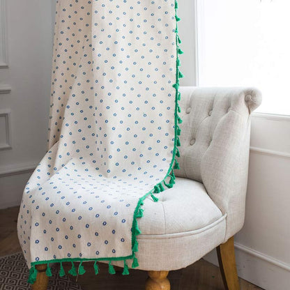 Blue Daisy Green Cotton Curtain
