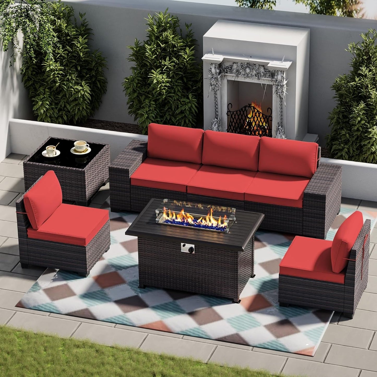 8 Piece Outdoor Patio Furniture with 55000 BTU Propane Fire Pit Table, PE Wicker Rattan Outdoor Sofa Conversation Set,Sectional Furniture Patio Set W/Tempered Glass Top Table&Gas Fire Pit(Red) Conversation Sets Lawn & Garden Patio Patio Furniture & Accessories Patio Furniture Sets