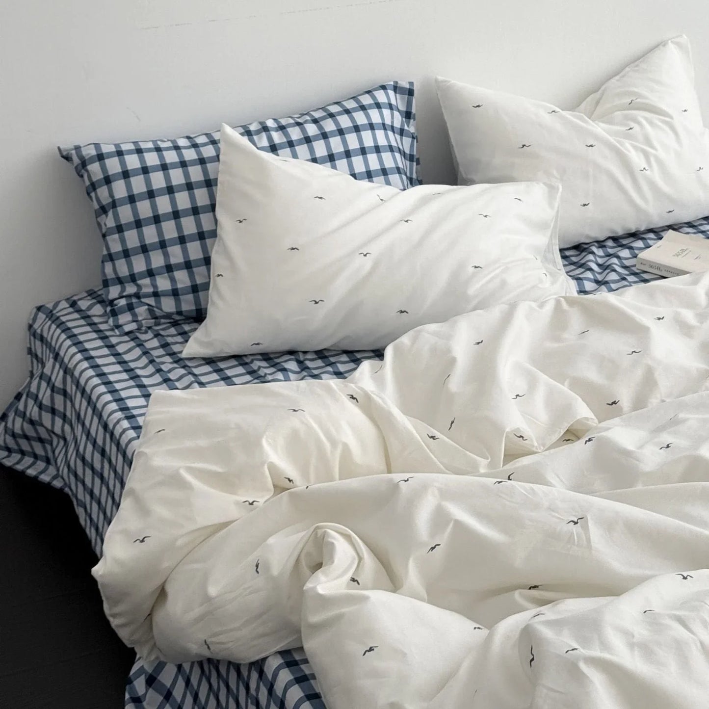 Gingham & Seagull Embroidered Washed Cotton Bedding Set