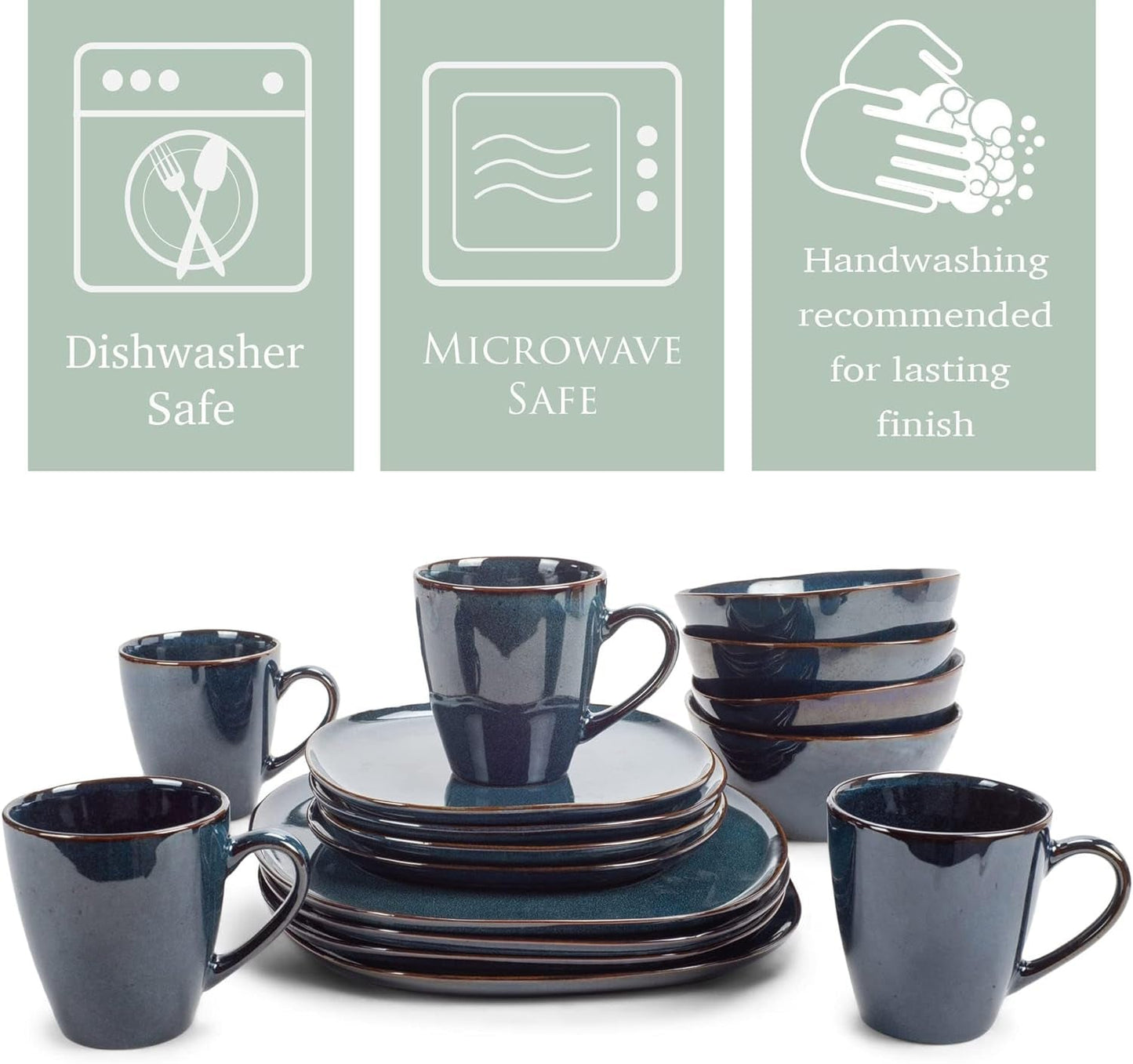 Elanze Designs 16-Piece Modern Luxury Chic Smooth Vintage Handmade Shape High Gloss Ceramic Stoneware Square Plate Mug & Bowl Kitchen Dinnerware 16 Piece Set - Service for 4, Navy Blue Dining & Entertaining Dinnerware Dinnerware & Serveware Dinnerware Sets Home & Kitchen Kitchen & Dining