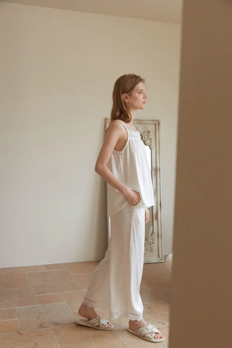 Silky Lace Trim Cotton Sateen Pajama Set