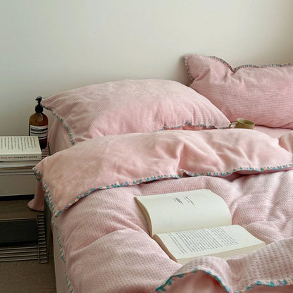 Plush Waffle Fleece Bedding Set with Crochet Trim