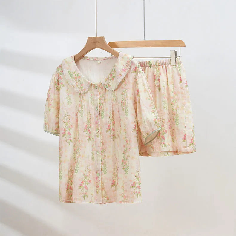 Soft Ruched Floral Washed Cotton Pajama Set