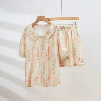 Soft Ruched Floral Washed Cotton Pajama Set