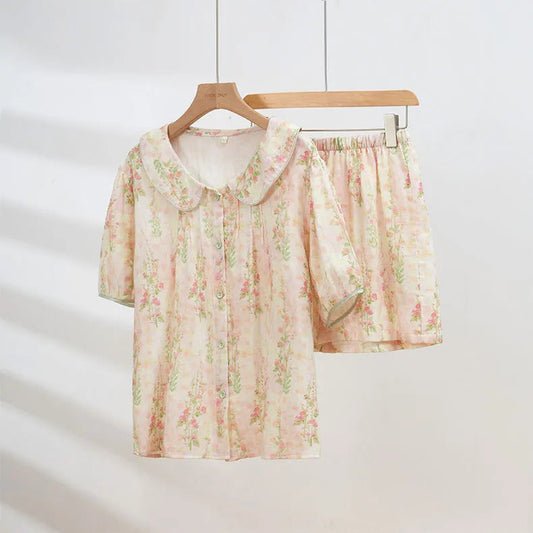 Soft Ruched Floral Washed Cotton Pajama Set