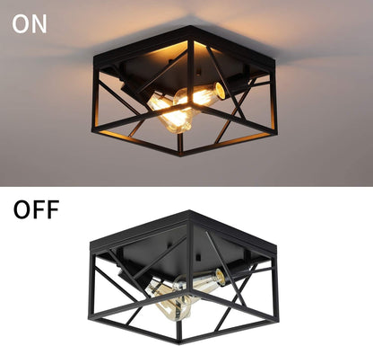 Modern Black Flush Mount Light Fixture Two-Light Industrial Metal Square Semi Flush Mount Ceiling Light for Hallway Bedroom Kitchen Entryway Farmhouse Dining Room Ceiling Lights Close To Ceiling Lights Lighting & Ceiling Fans Tools & Home Improvement