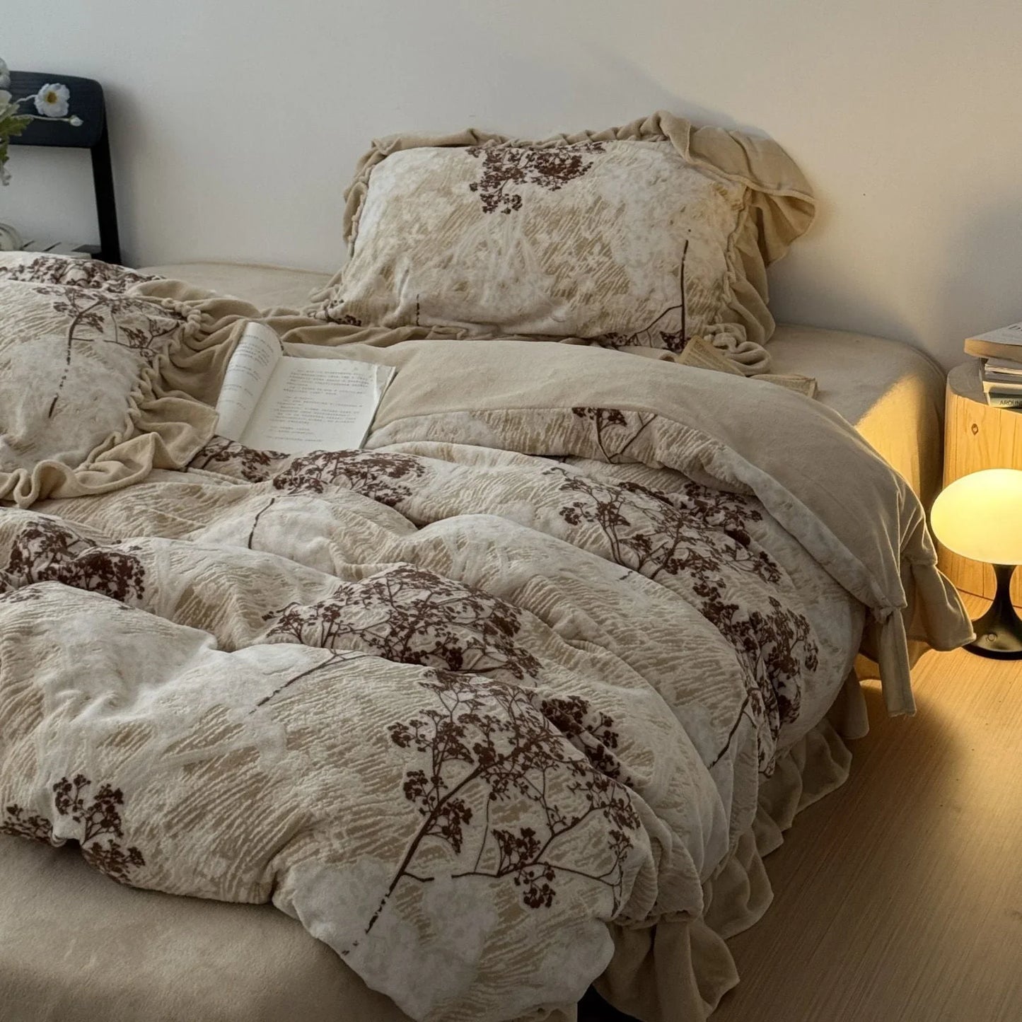 Ruffled Floral Branch Washed Cotton Bedding Set