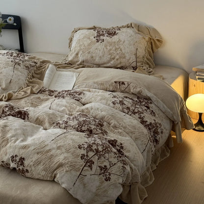 Ruffled Floral Branch Washed Cotton Bedding Set