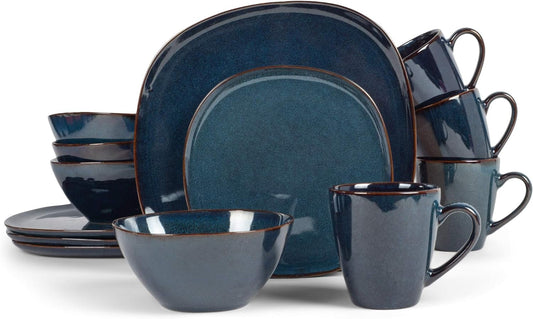 Elanze Designs 16-Piece Modern Luxury Chic Smooth Vintage Handmade Shape High Gloss Ceramic Stoneware Square Plate Mug & Bowl Kitchen Dinnerware 16 Piece Set - Service for 4, Navy Blue Dining & Entertaining Dinnerware Dinnerware & Serveware Dinnerware Sets Home & Kitchen Kitchen & Dining