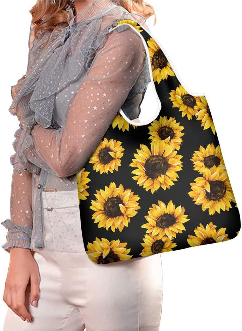 AFPANQZ Sunflower Grogcery Bag Foldable into Attacted Pocket Machine Washable Reusable Shopping Bags for Groceries Polyester Grocery Tote with Handle Heavy Duty Shoulder Totes Storage Yellow Black