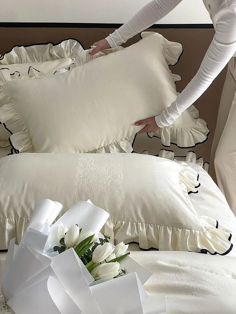 Silky Ruffled Jacquard Tencel Bedding Set with Contrast Trim