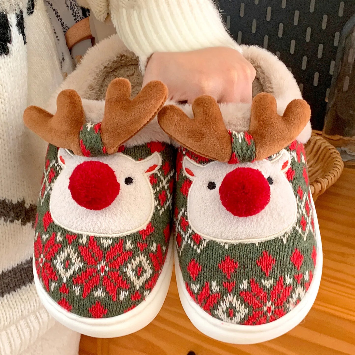 Fuzzy Reindeer Jacquard Knit House Slippers