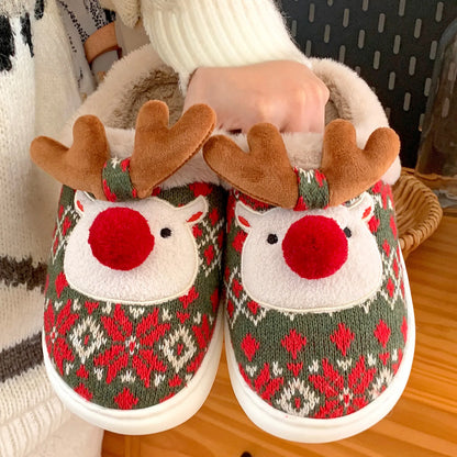 Fuzzy Reindeer Jacquard Knit House Slippers
