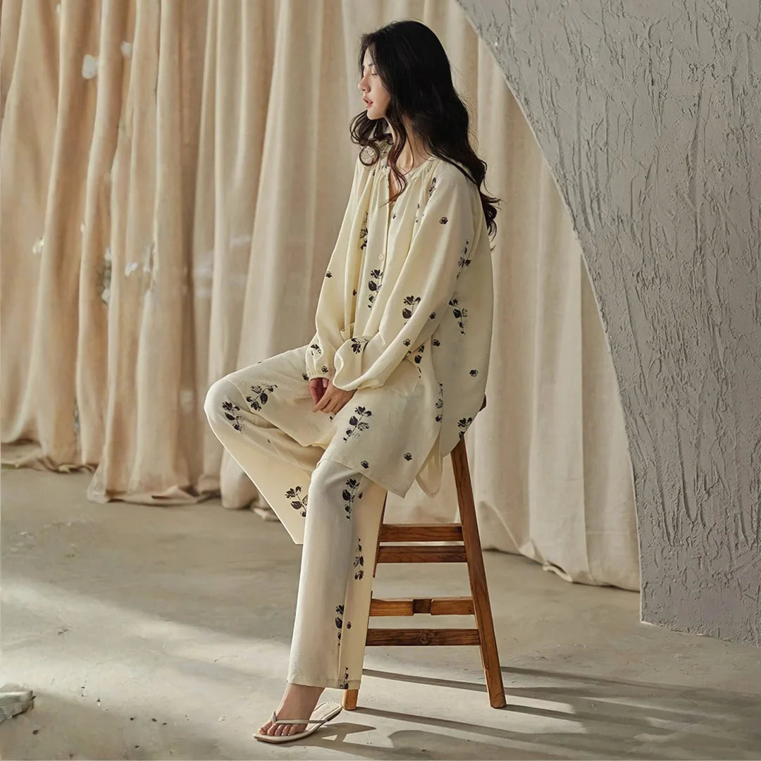 Lightweight Textured Botanical Print Cotton Pajama Set