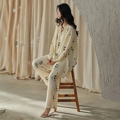 Lightweight Textured Botanical Print Cotton Pajama Set