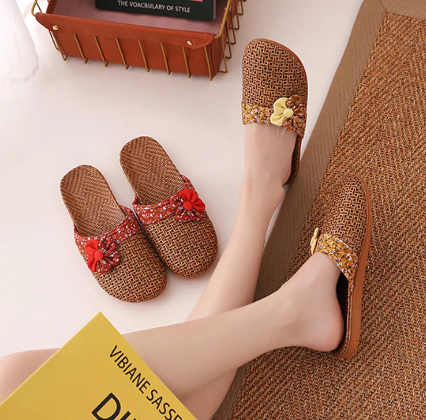 Woven Floral Natural Rattan House Slippers