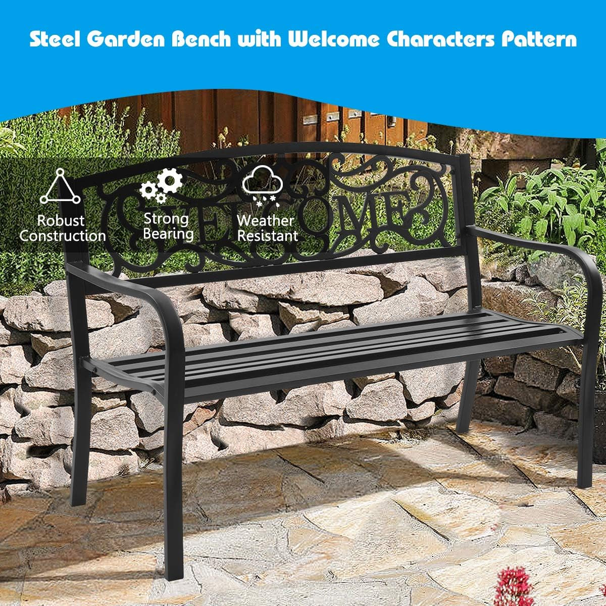 Giantex Garden Bench, Antique Metal outside Bench W/Warm Welcome Pattern, Elegant Bronze Finish and Durable Iron Frame for Park Yard Porch Chair (Black) Benches Lawn & Garden Patio Patio Furniture & Accessories Patio Seating