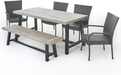 Christopher Knight Home Cooper Outdoor Stacking Wicker Dining Set with Acacia Wood Table and Bench, 6-Pcs Set, Sandblast Light Grey / Black Rustic Metal / Grey Dining Sets Lawn & Garden Patio Patio Furniture & Accessories Patio Furniture Sets