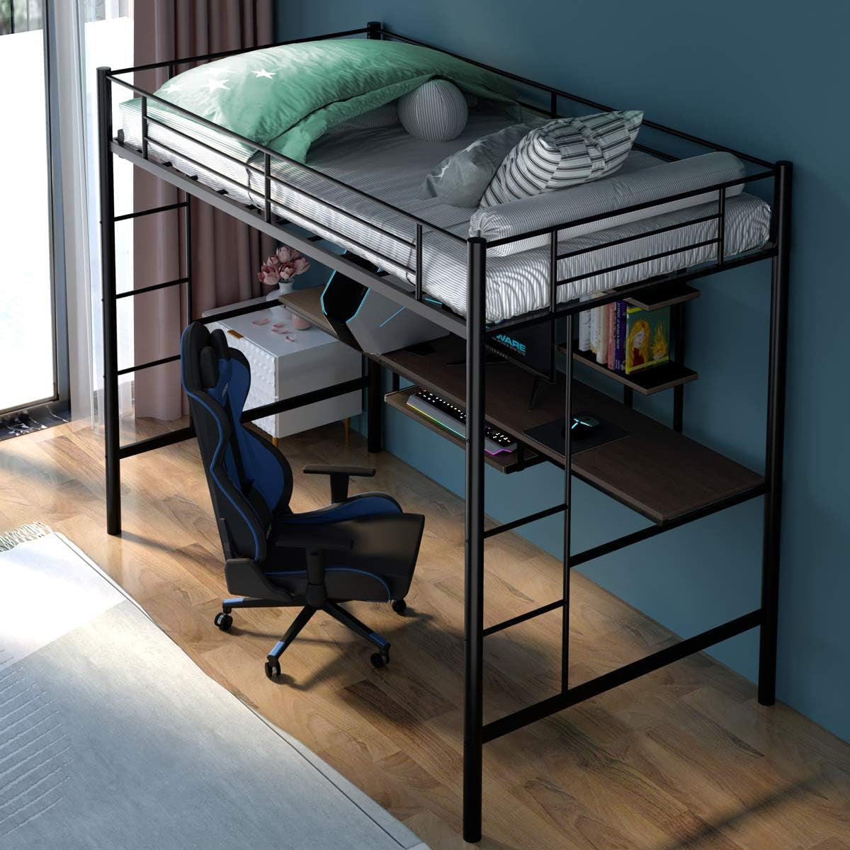 Giantex Metal Loft Bed Frame, Twin Size Bunk Bed with Bilateral Ladders, Guardrails, Desk and Bookcase, Space-Saving Loft Bed with Keyboard Tray for Boys & Girls Teens (Twin, Black) Bedroom Furniture Beds Frames & Bases Furniture Home & Kitchen