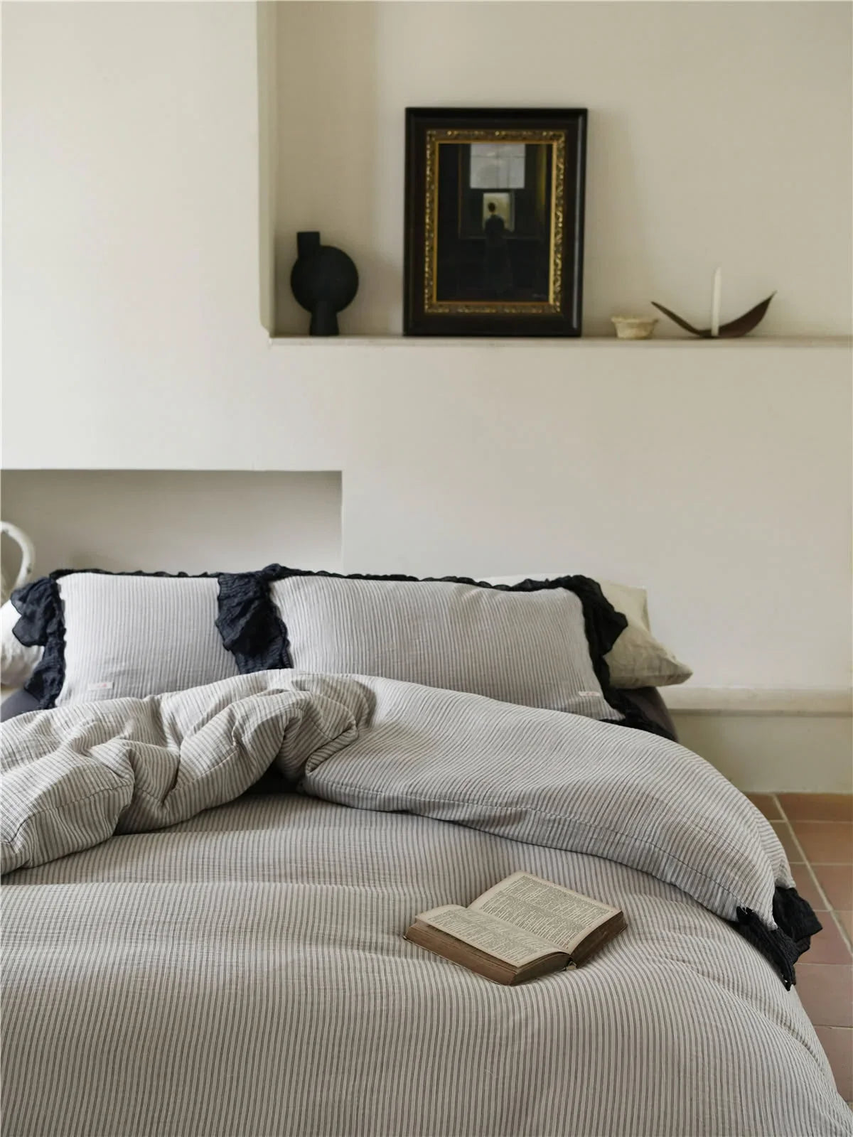 Ruffle Trim Pinstripe Washed Cotton Bedding Set