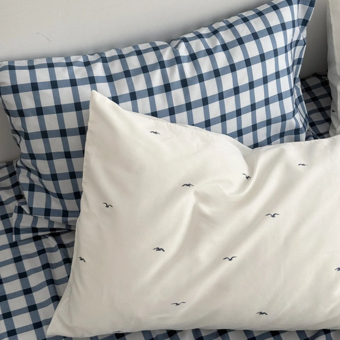 Gingham & Seagull Embroidered Washed Cotton Bedding Set