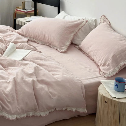 Soft Embroidered Lace Ruffle Cotton Bedding Set