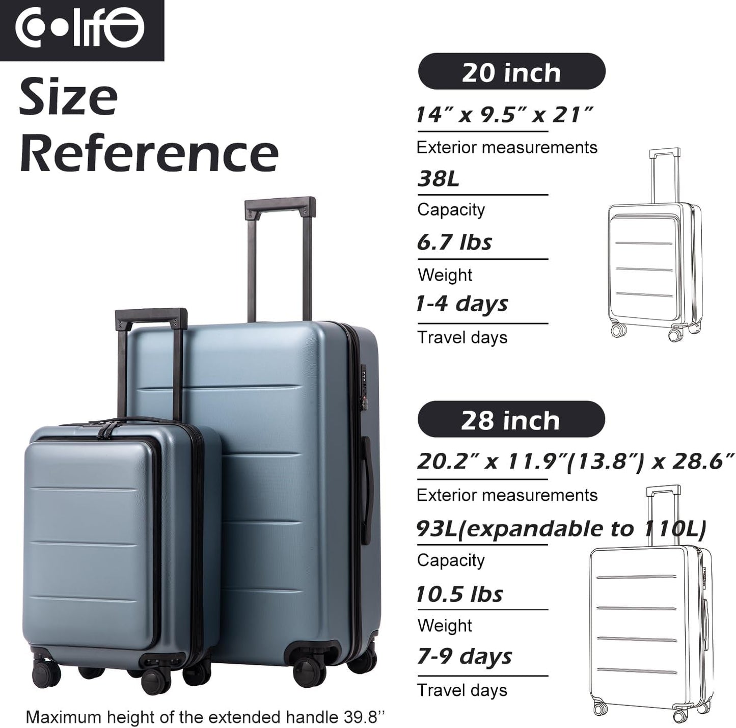 COOLIFE Luggage Suitcase Piece Set Carry on ABS+PC Spinner Trolley with Pocket Compartmnet Weekend Bag(Titanium Gray, 2-Piece Set) Clothing Luggage Luggage & Travel Gear Luggage Sets Shoes & Jewelry