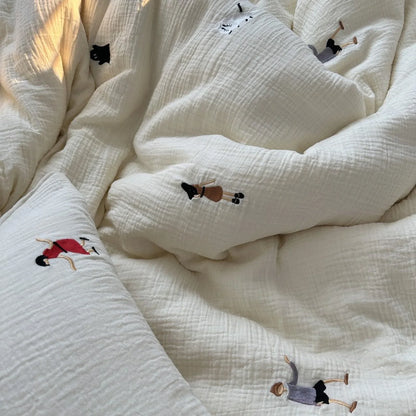 Textured Whimsical Embroidered Washed Cotton Bedding Set
